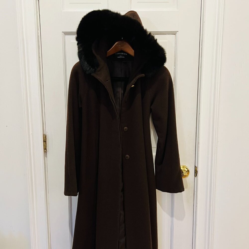 Donnybrook Women's Brown Wool Rabbit Fur Trim Hooded Maxi Wool Over Coat Size S